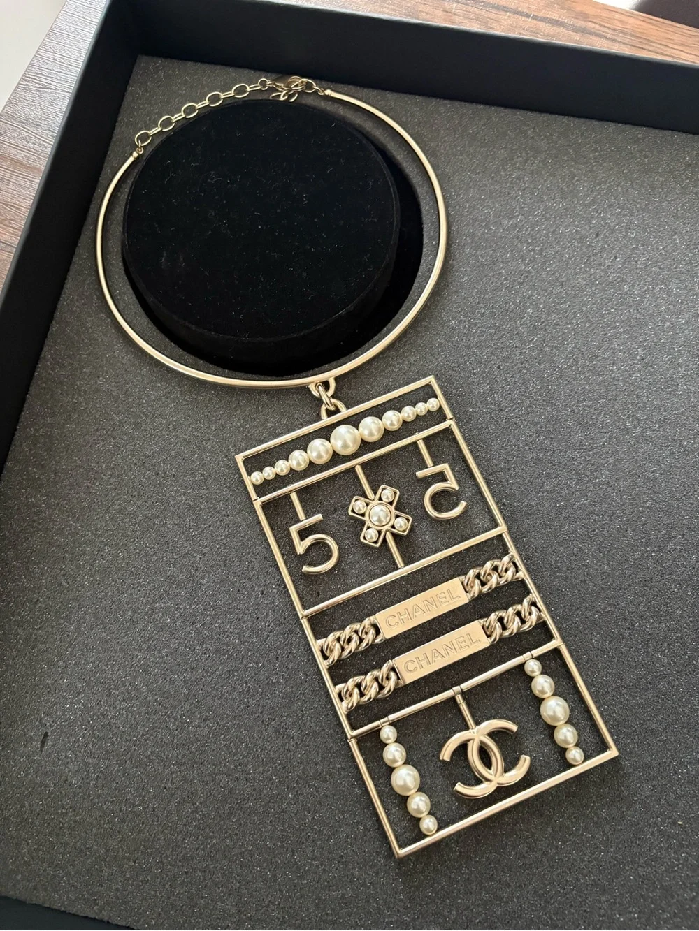 CHANEL Gold-Tone Pearl Grid Pendant Necklace
